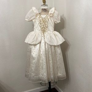 Princess Costume, custom made; cream colored with gold detailing. Size b/t 6-10.